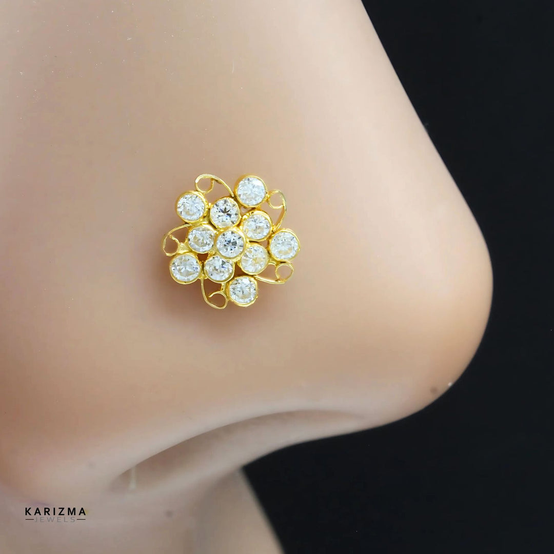 Ethnic 18K Real Gold Indian Women White CZ Nose stud nose ring Push Pin