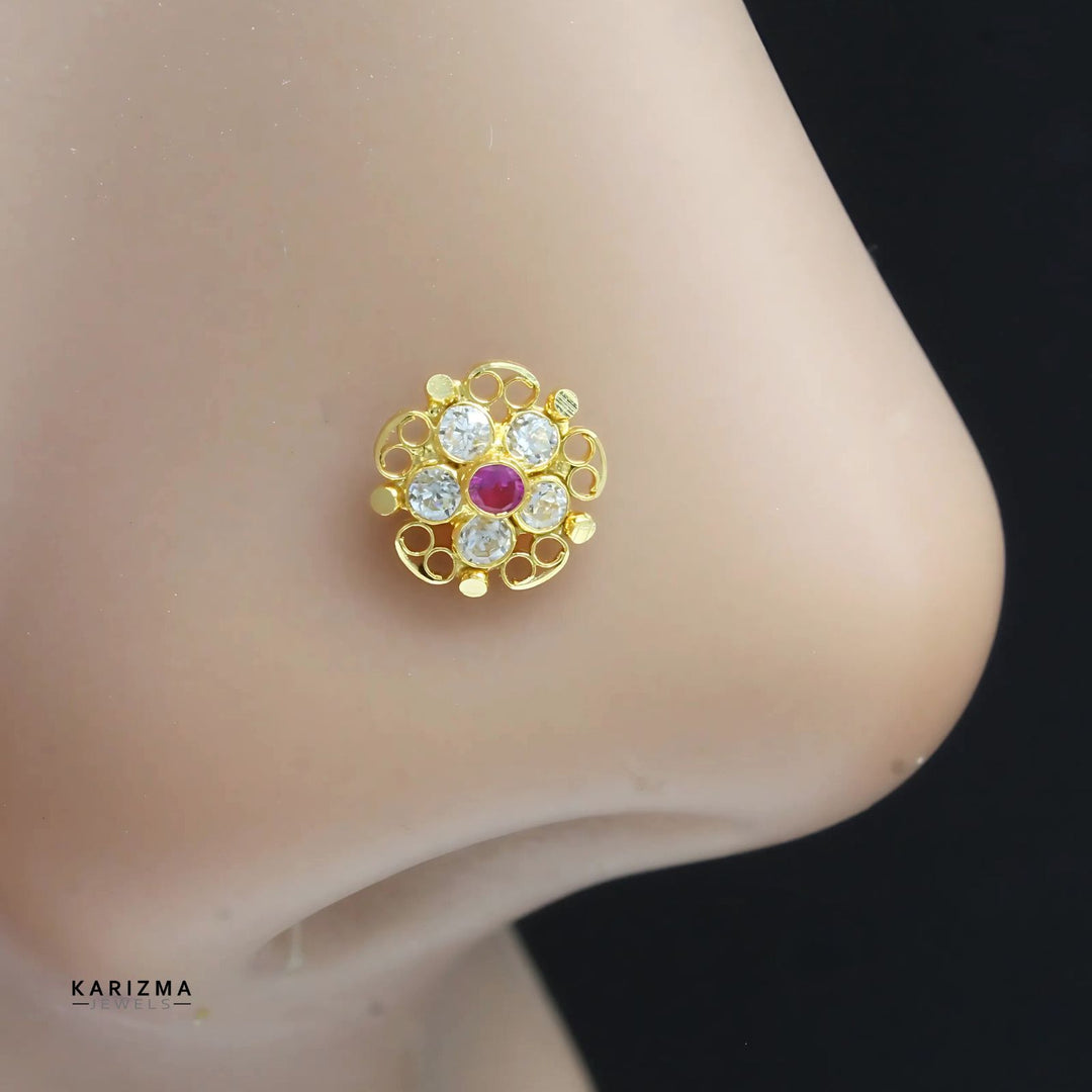 Asian style Excellent 18K Real Gold Indian Women Pink White CZ Nose stud nose ring Push Pin