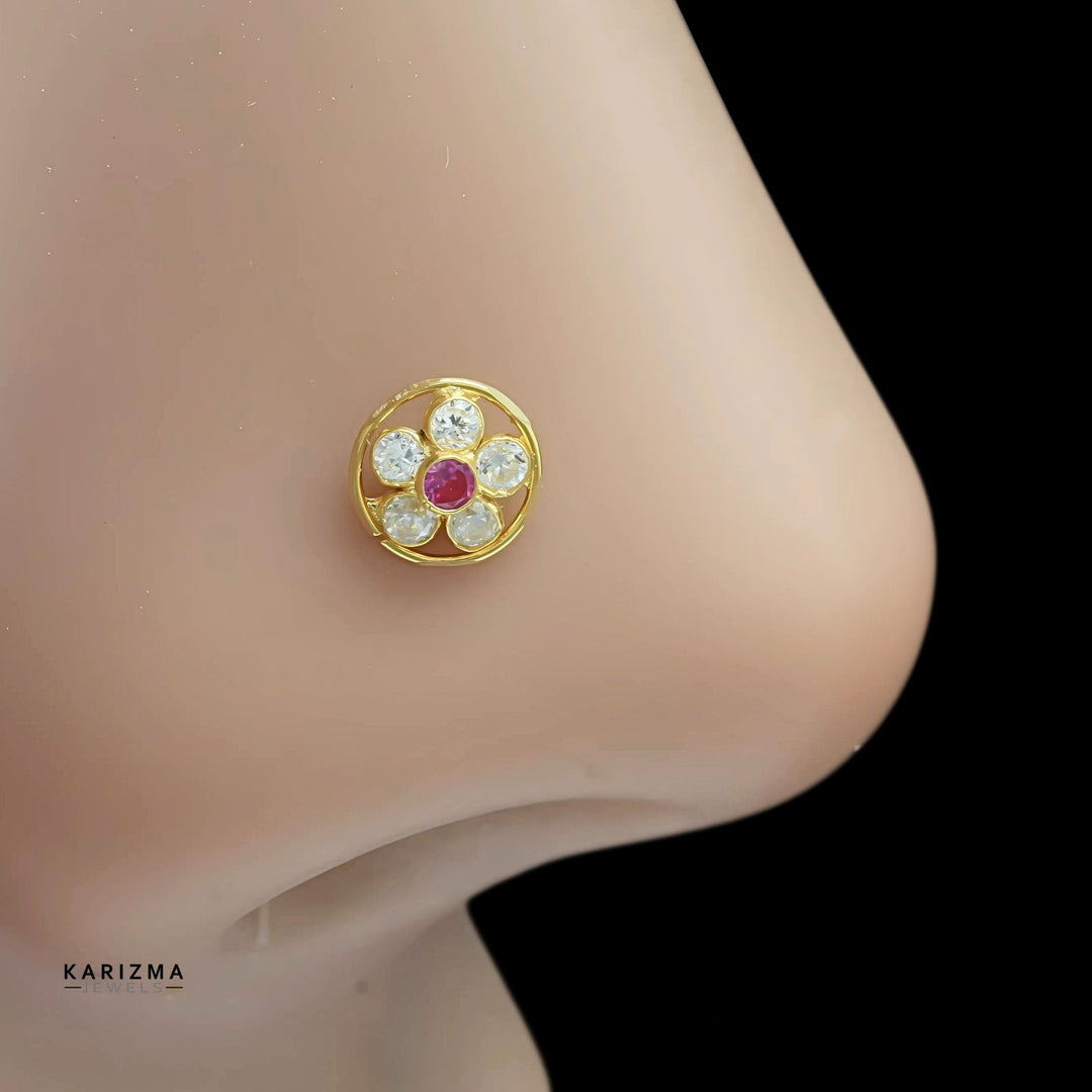 18K Real Gold Indian Women Pink White CZ gifting party wear Nose stud nose ring Push Pin