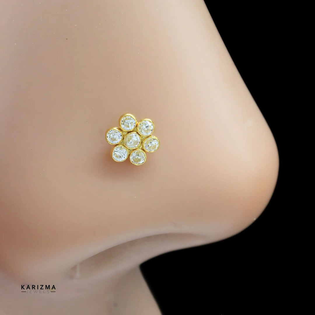 18K Real Gold Indian Women White CZ daily wear floral Nose stud nose ring Push Pin