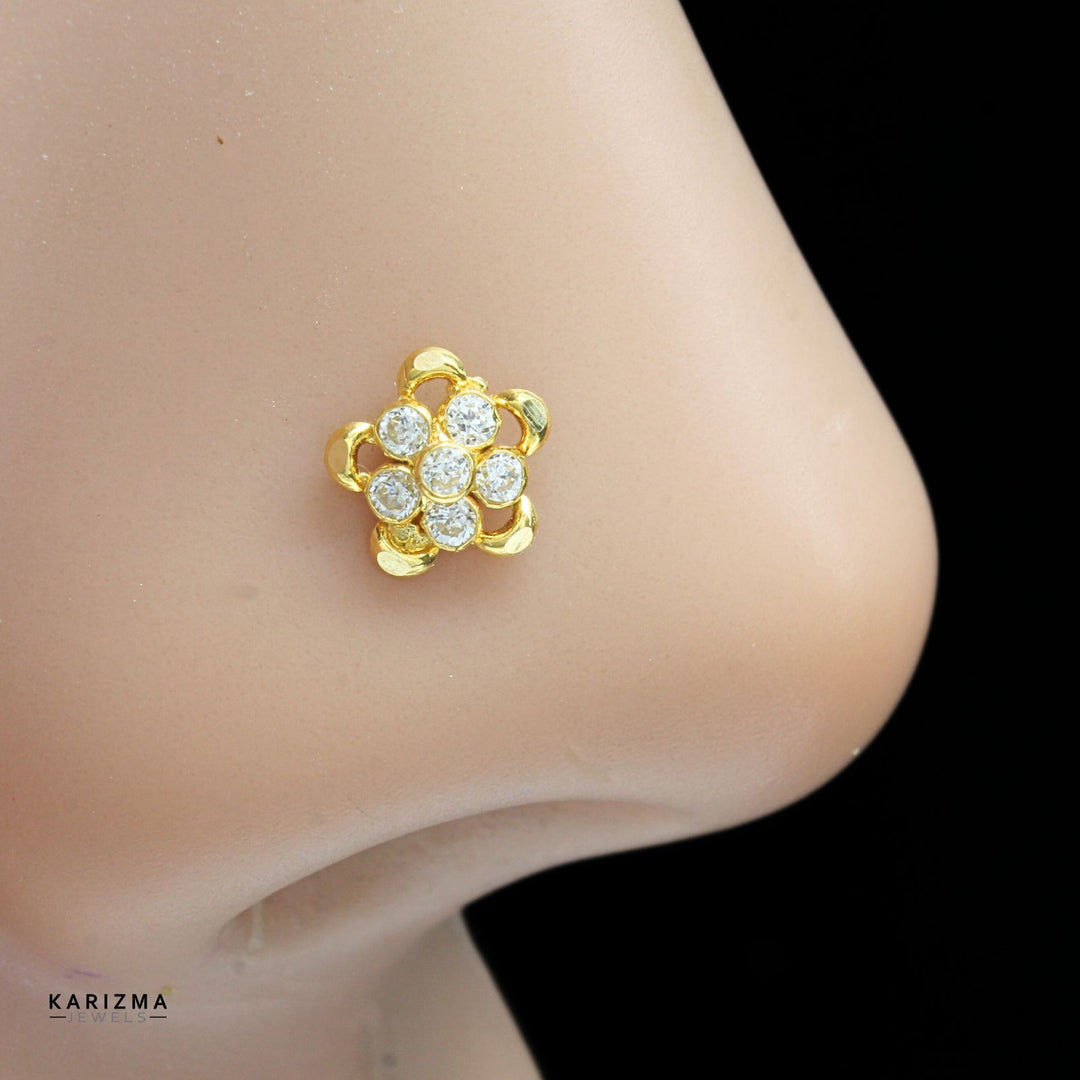 Traditional 18K Real Gold Indian Women White CZ floral Nose stud nose ring Push Pin