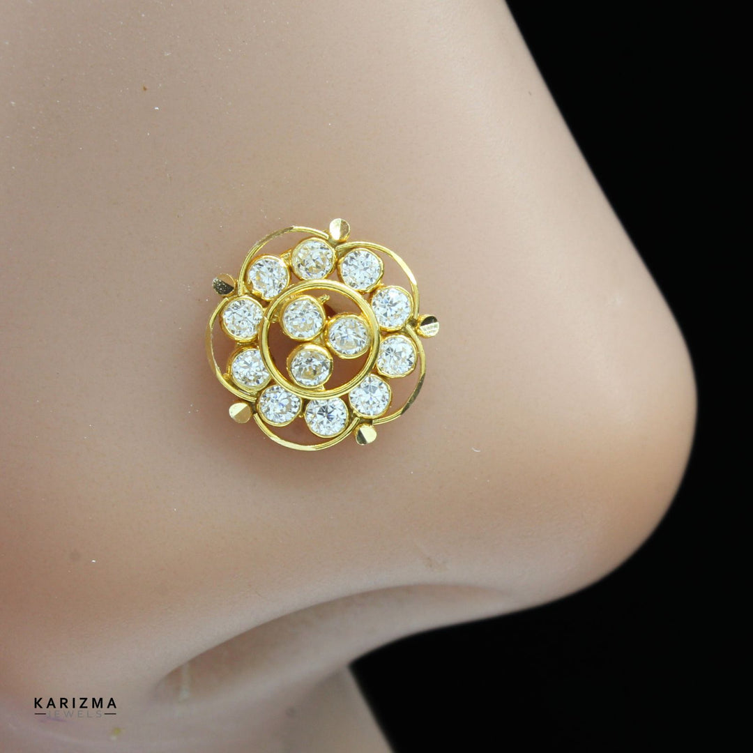 Medusa 18K Real Gold Indian Women White CZ Nose stud nose ring Push Pin