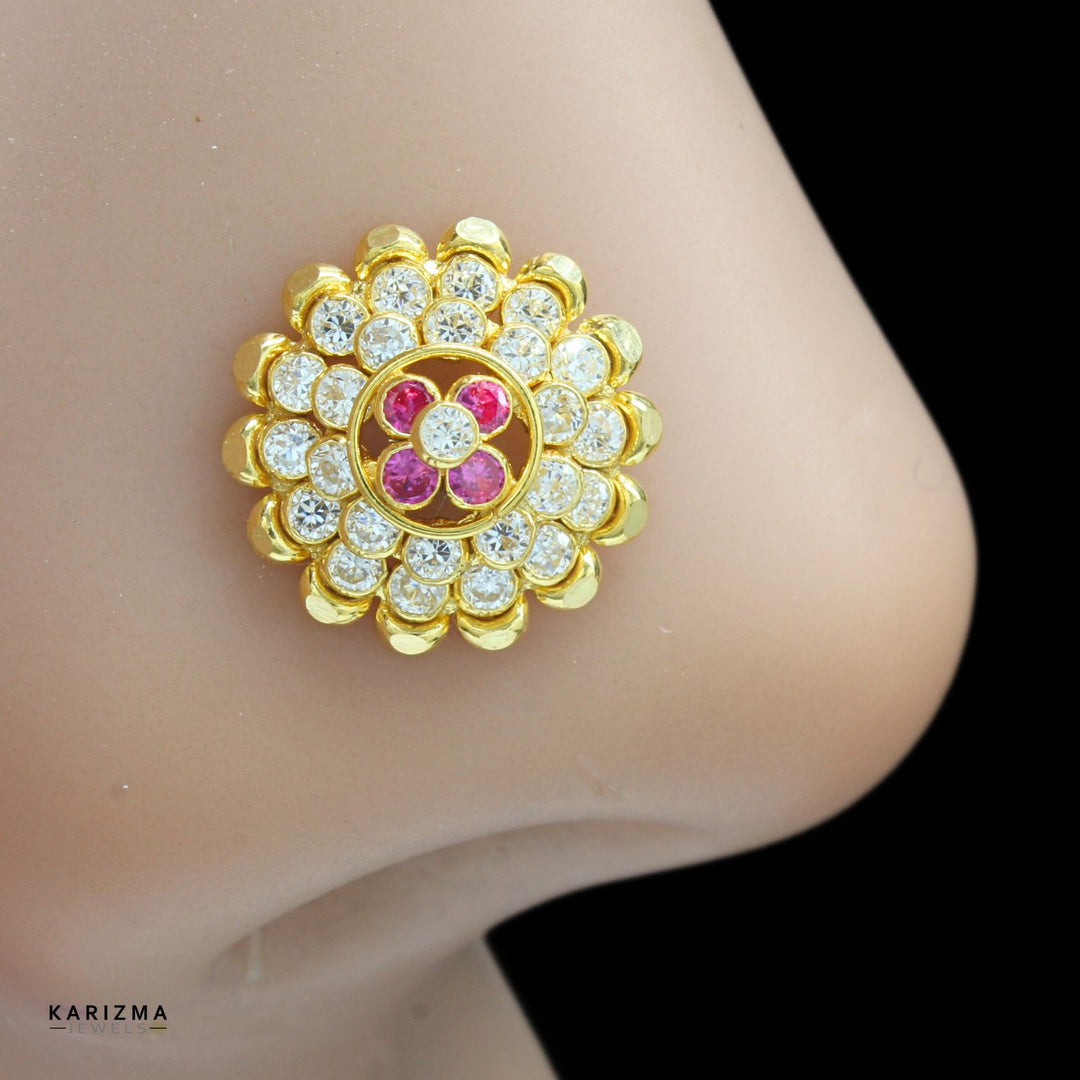 18K Real Gold Indian Women Pink White CZ amazing Bride Nose stud nose ring Push Pin