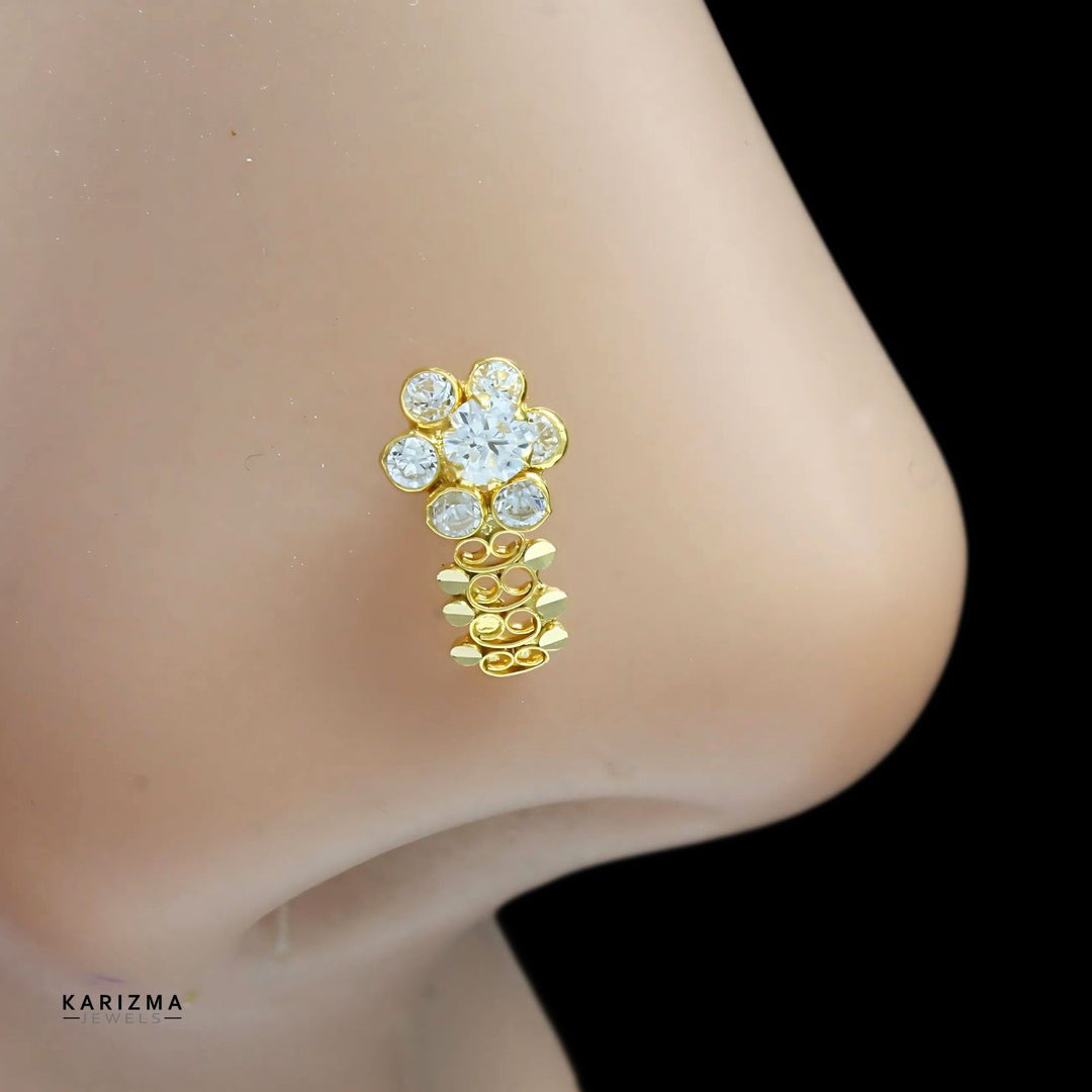 Vertical 18K Real Gold Indian Women White CZ floral Nose stud nose ring Push Pin