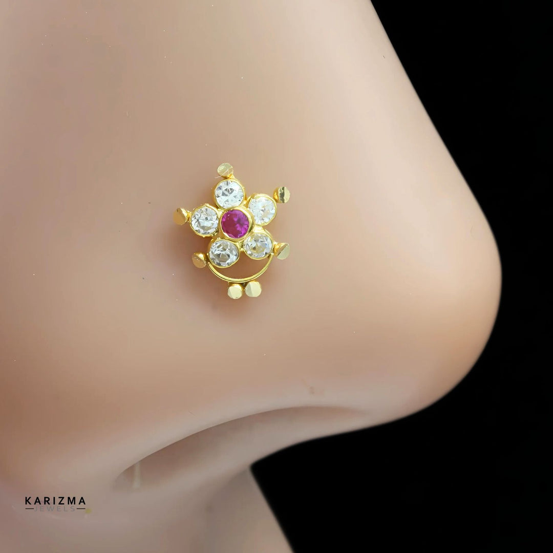 18K Real Gold Indian Women gifting Pink White CZ Nose stud nose ring Push Pin