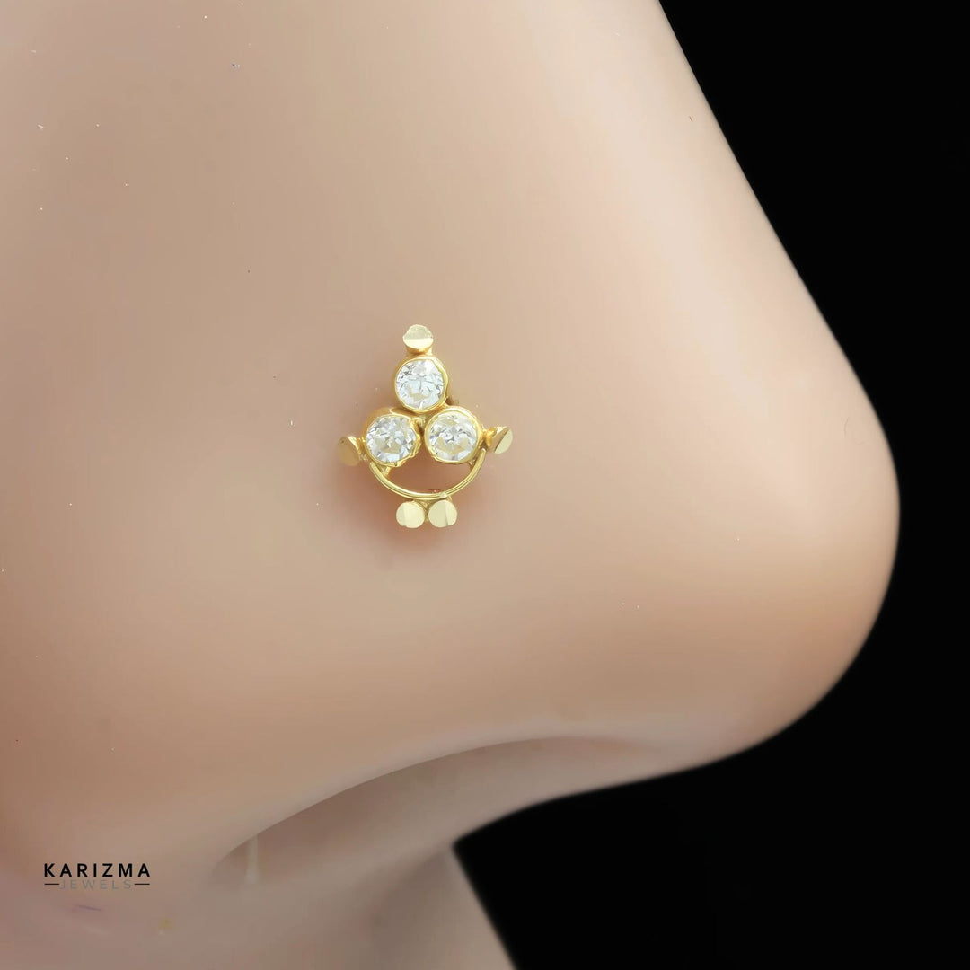 Unique 18K Real Gold Indian Women White CZ Nose stud nose ring Push Pin