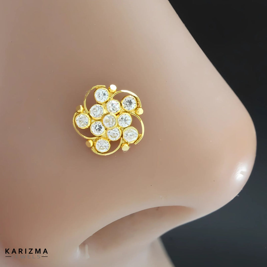 18K Real Gold Indian Women White CZ floral design Nose stud nose ring Push Pin