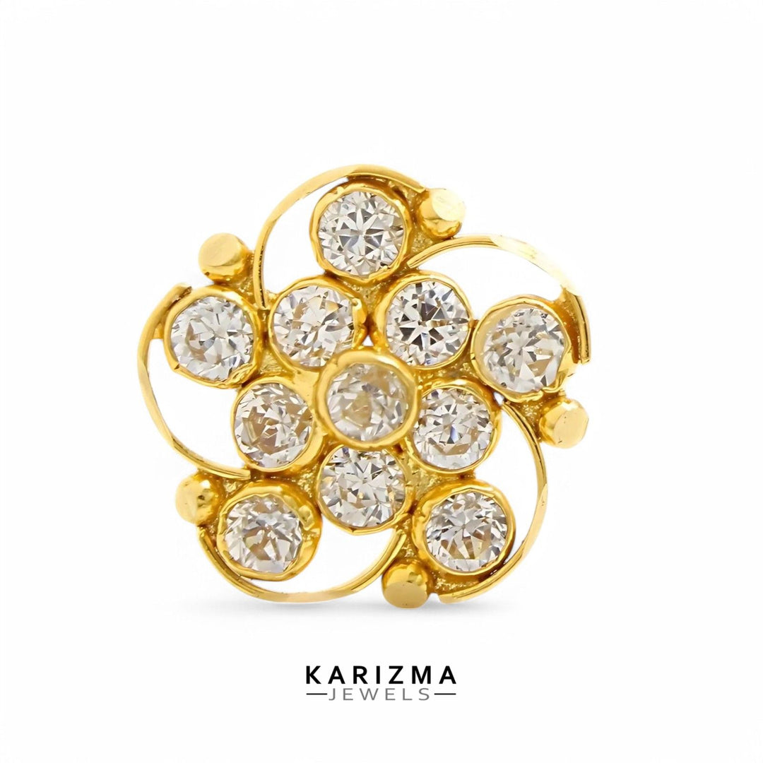 18K Real Gold Indian Women White CZ floral design Nose stud nose ring Push Pin