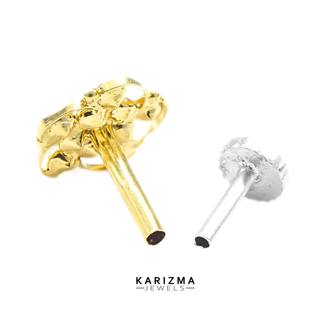 18K Real Gold Indian Women White CZ floral design Nose stud nose ring Push Pin