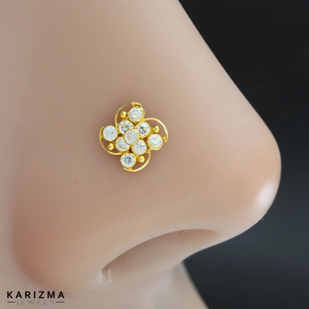 18K Real Gold Indian Women White CZ Square design Nose stud nose ring Push Pin