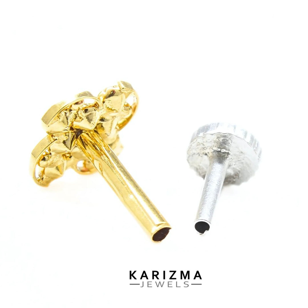 18K Real Gold Indian Women White CZ Square design Nose stud nose ring Push Pin