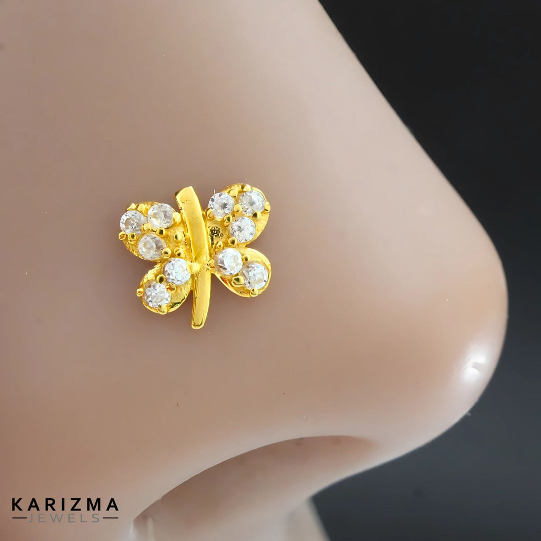 Cute Butterfly 18K Real Gold Indian Women White CZ Nose stud nose ring Push Pin