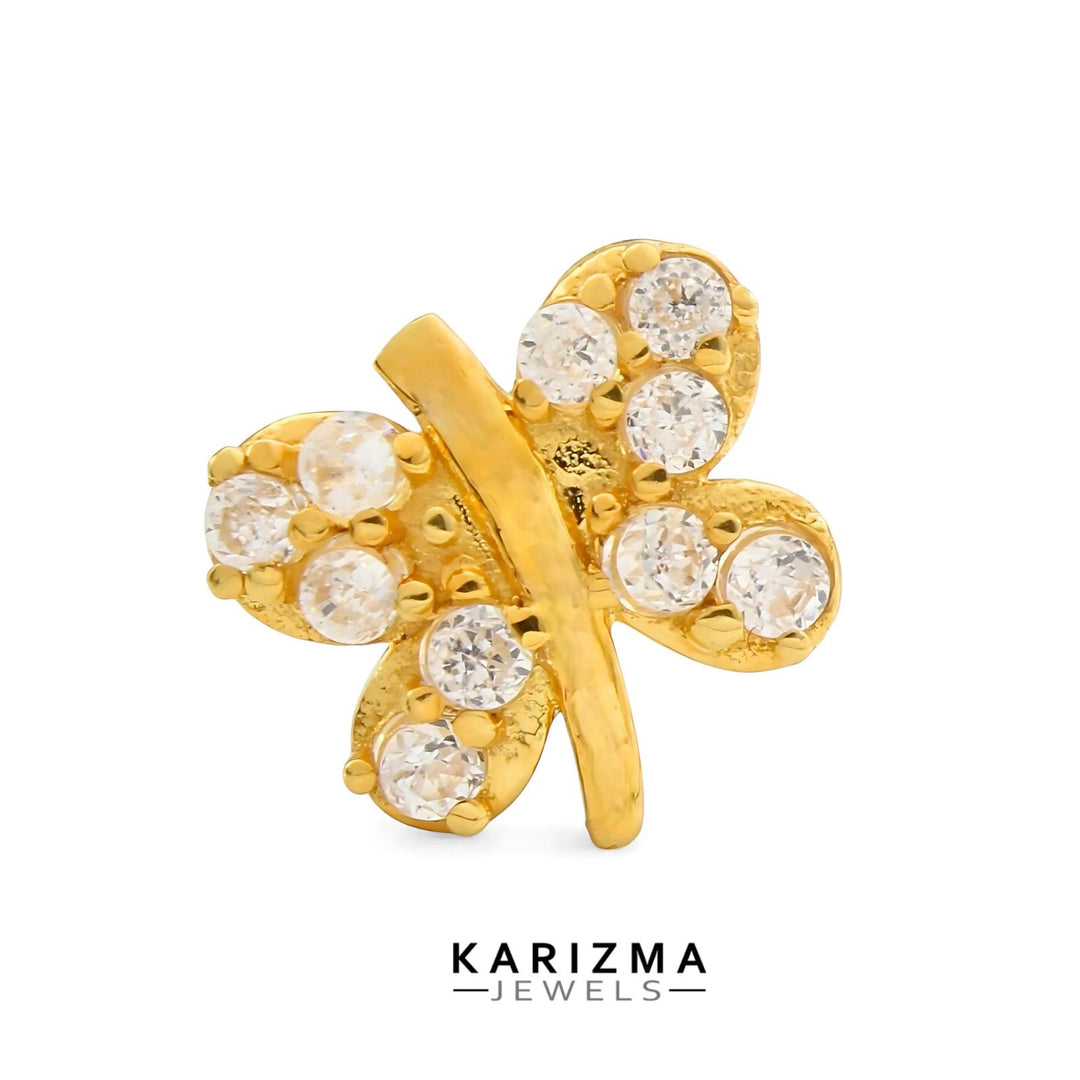Cute Butterfly 18K Real Gold Indian Women White CZ Nose stud nose ring Push Pin