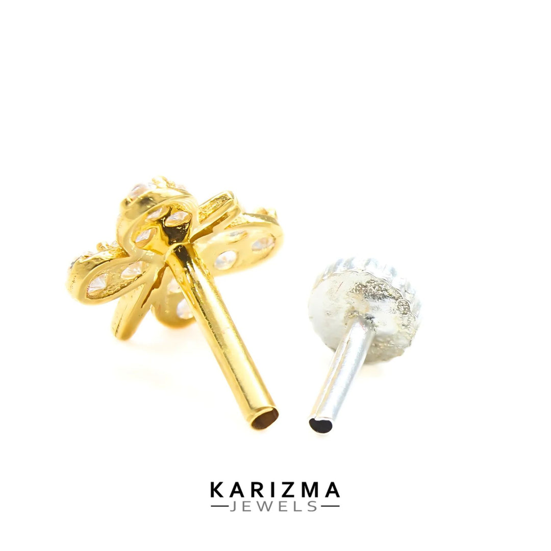 Cute Butterfly 18K Real Gold Indian Women White CZ Nose stud nose ring Push Pin