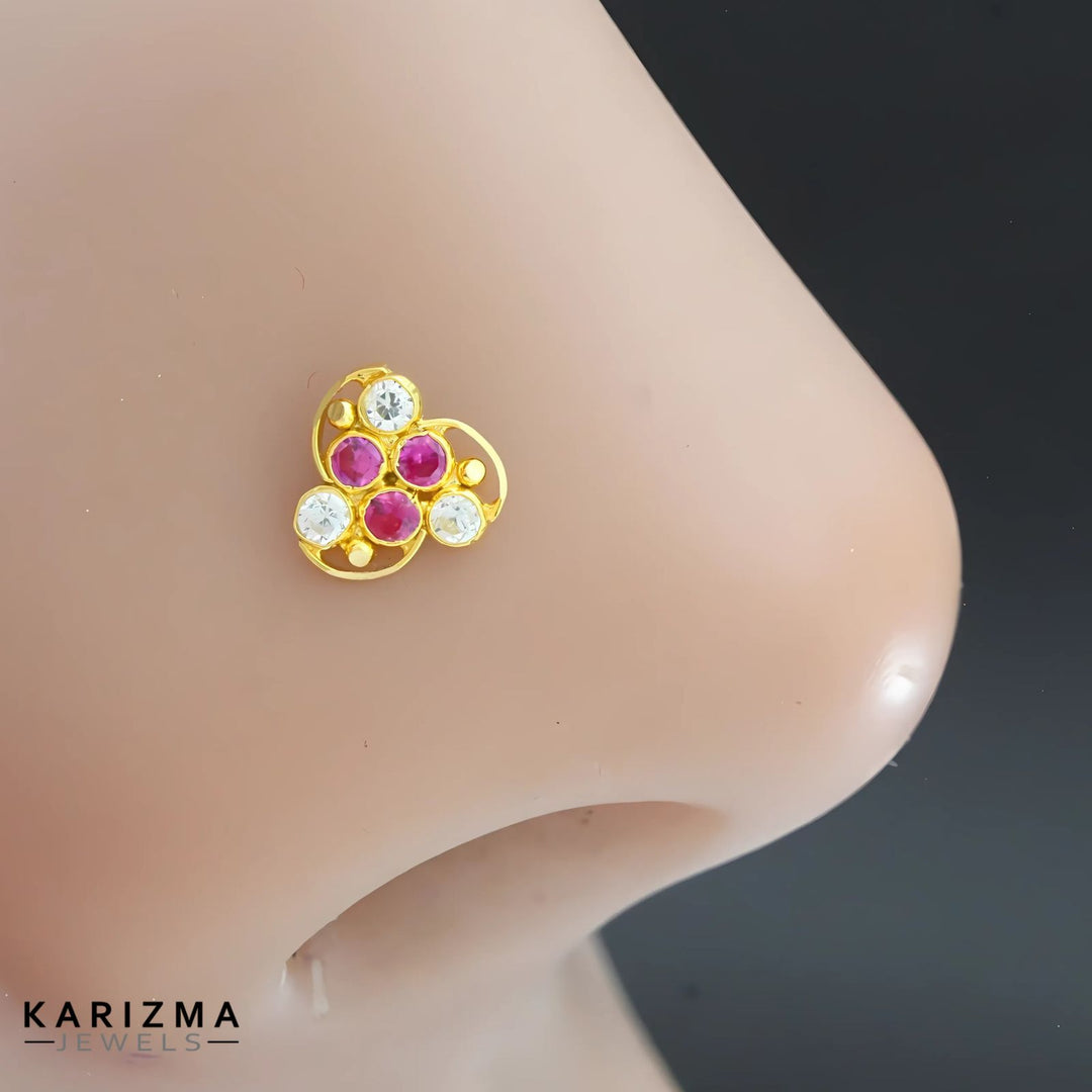 18K Real Gold Indian Women Pink White CZ amazing Nose stud nose ring Push Pin