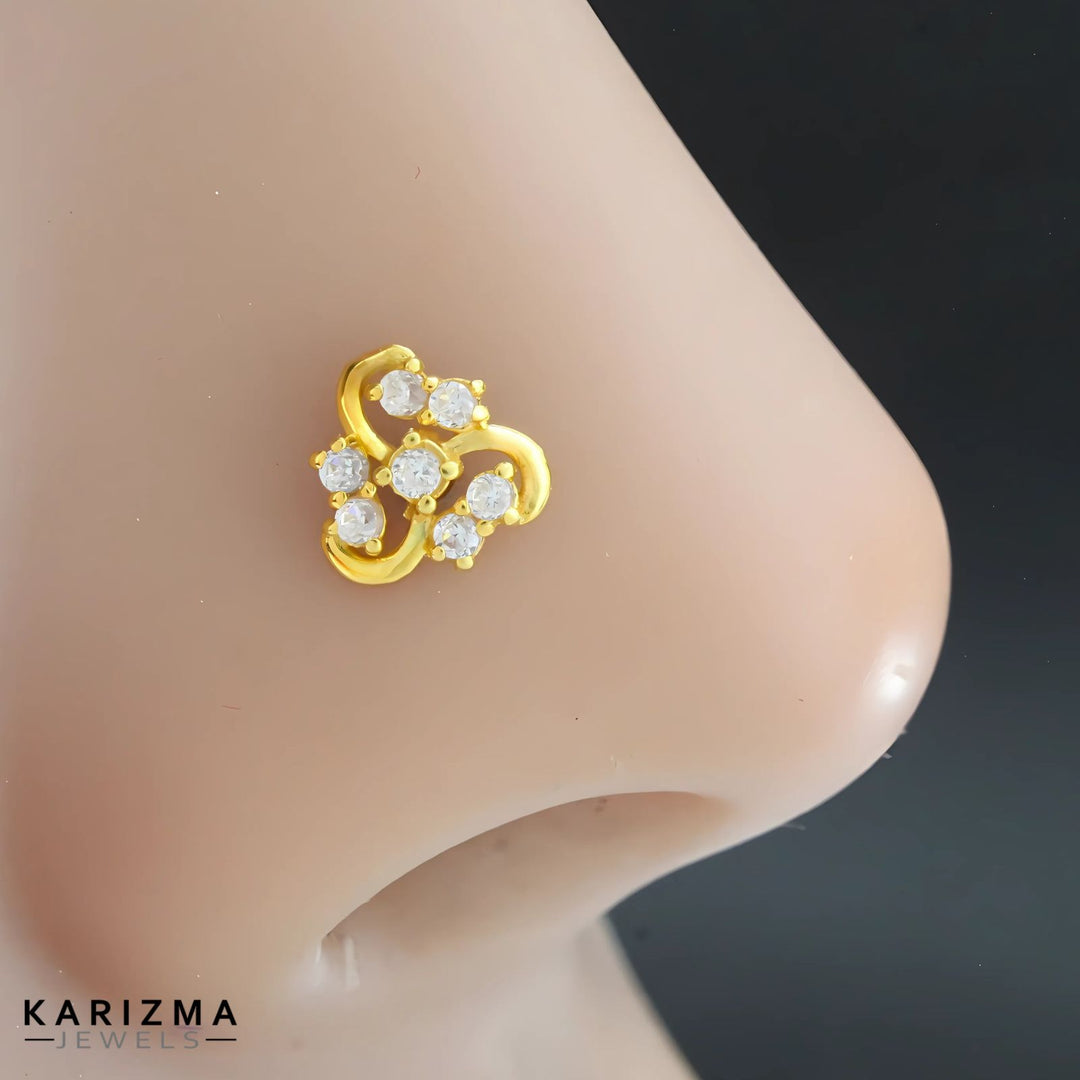 18K Real Gold Indian Women White CZ Excellent Nose stud nose ring Push Pin
