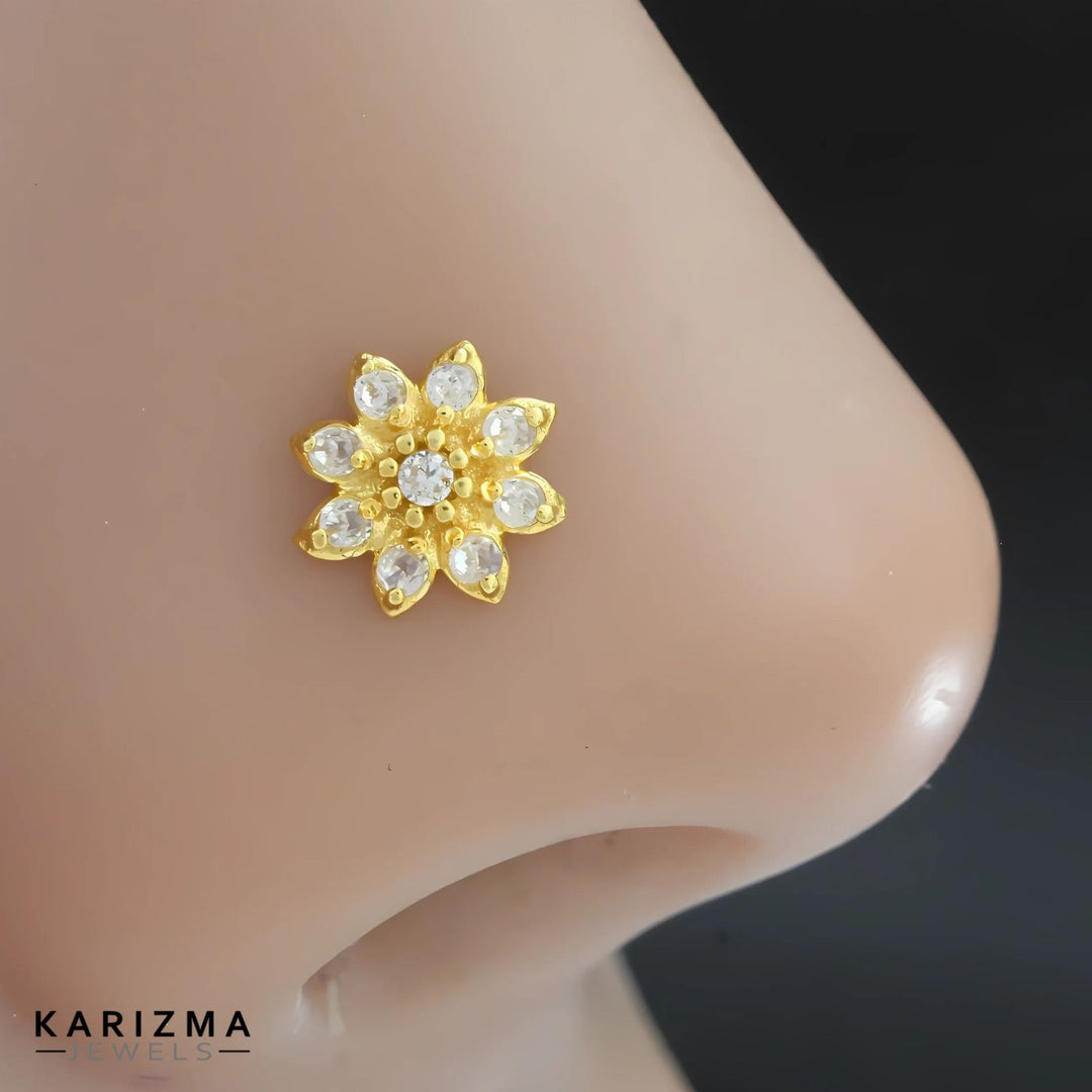 18K Real Gold star design Nose stud cum Earring White CZ Gold Screw Back