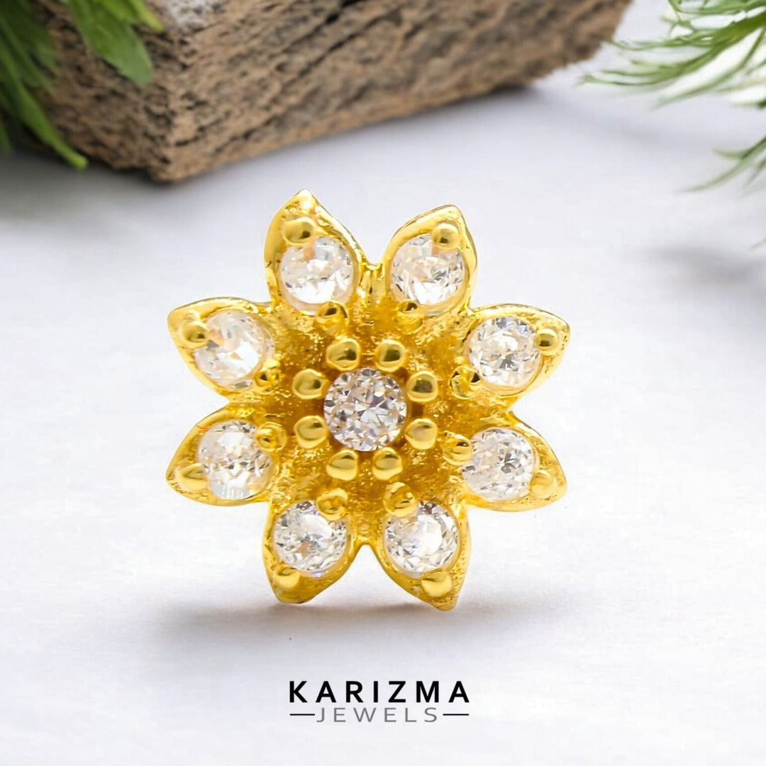 18K Real Gold star design Nose stud cum Earring White CZ Gold Screw Back