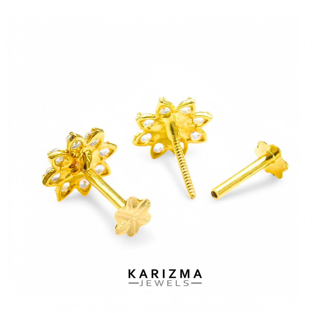 18K Real Gold star design Nose stud cum Earring White CZ Gold Screw Back