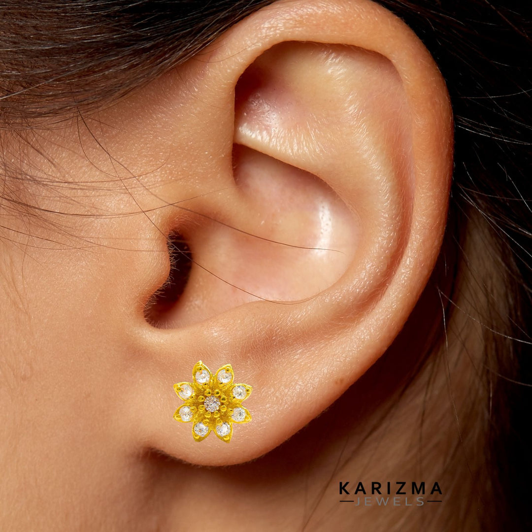 18K Real Gold star design Nose stud cum Earring White CZ Gold Screw Back