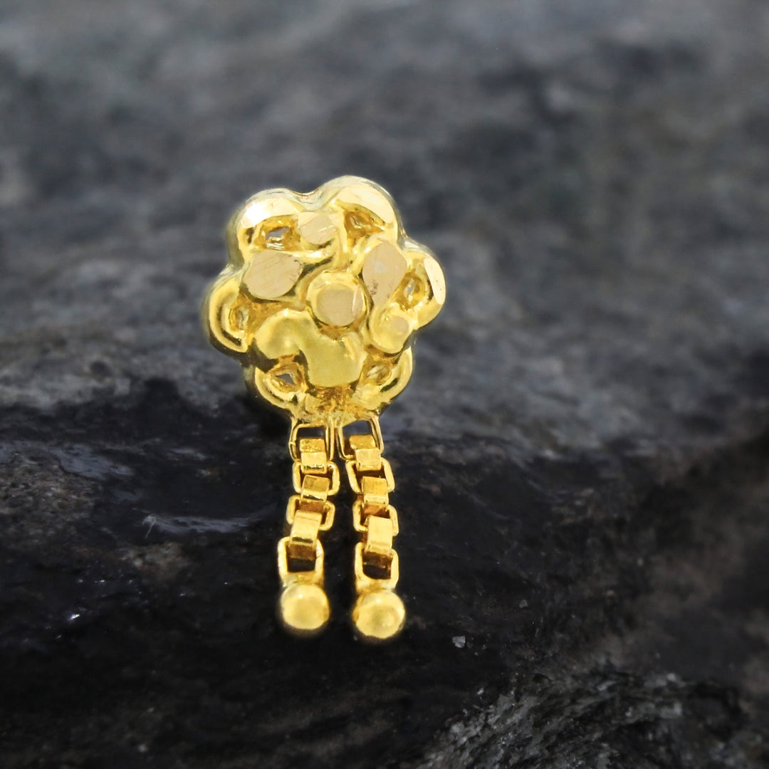 18K Real Gold Dangling Hanging Chains Nose Stud Push Pin
