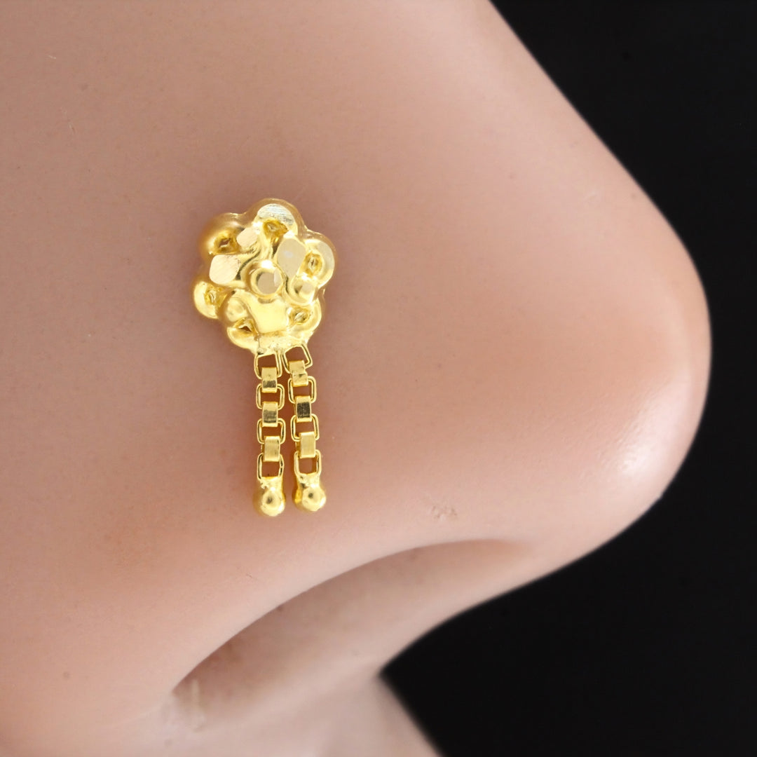 18K Real Gold Dangling Hanging Chains Nose Stud Push Pin