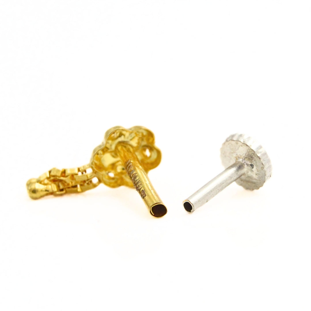 18K Real Gold Dangling Hanging Chains Nose Stud Push Pin