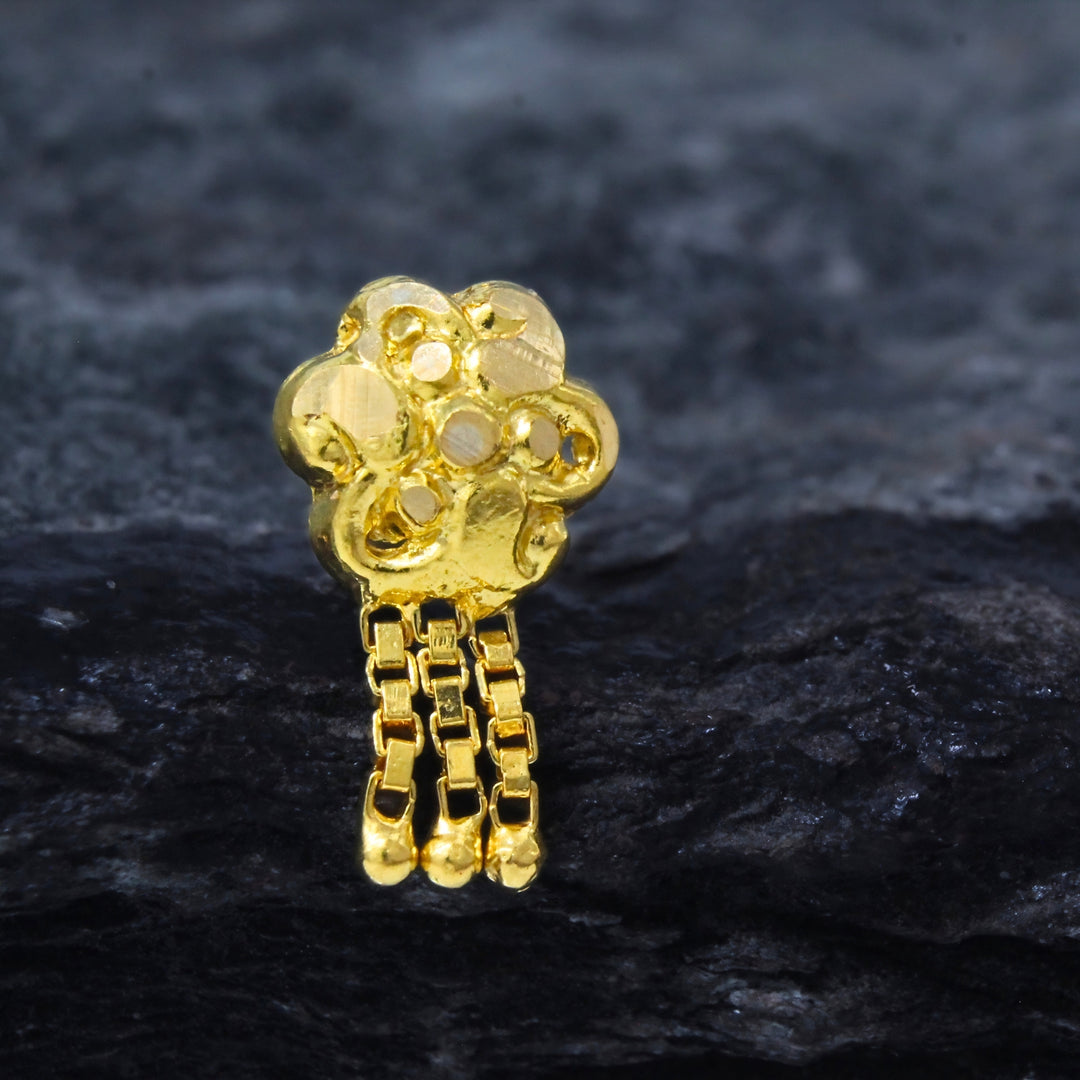 18K Real Gold Floral Cluster Nose Stud with Triple Dangling Box Chains