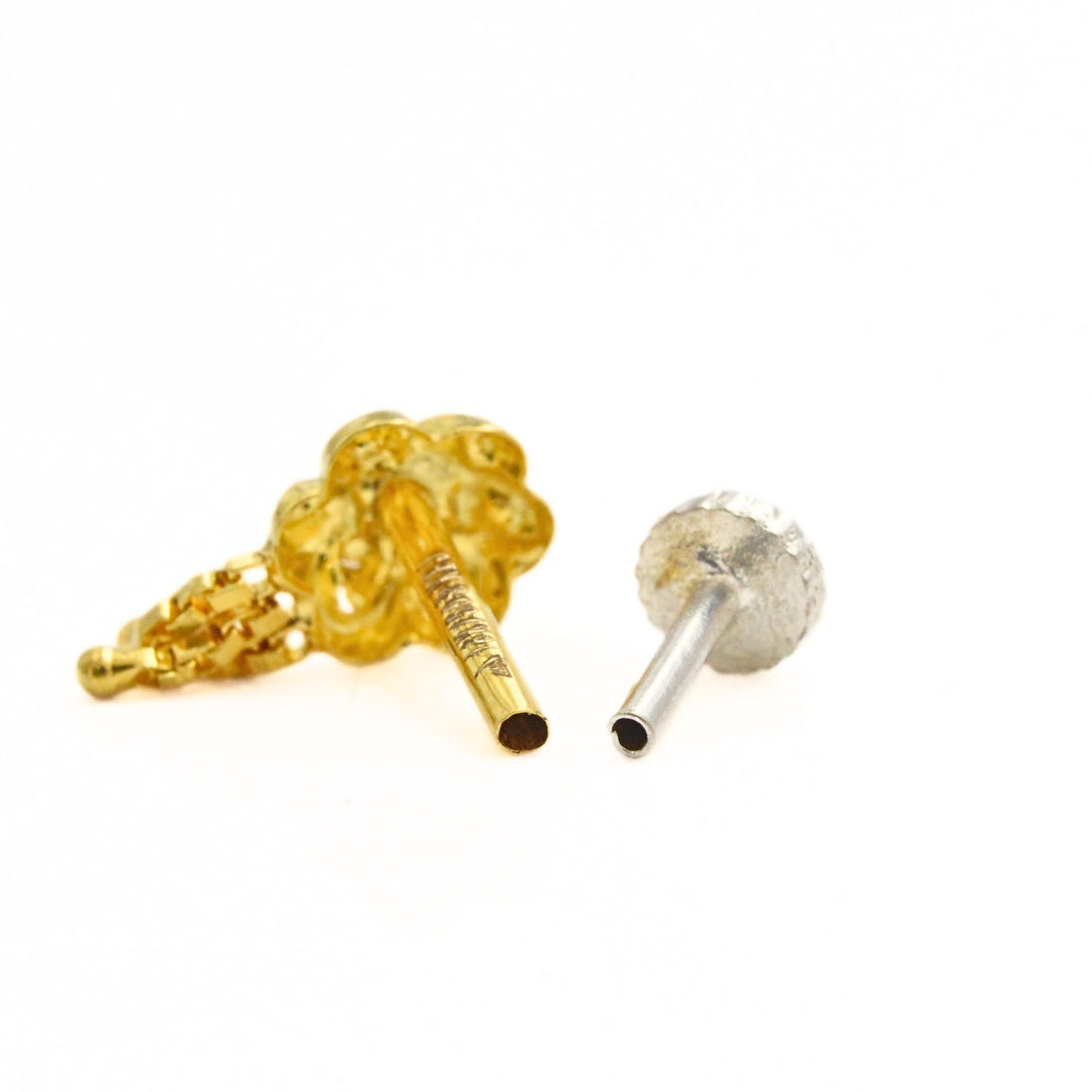 18K Real Gold Floral Cluster Nose Stud with Triple Dangling Box Chains