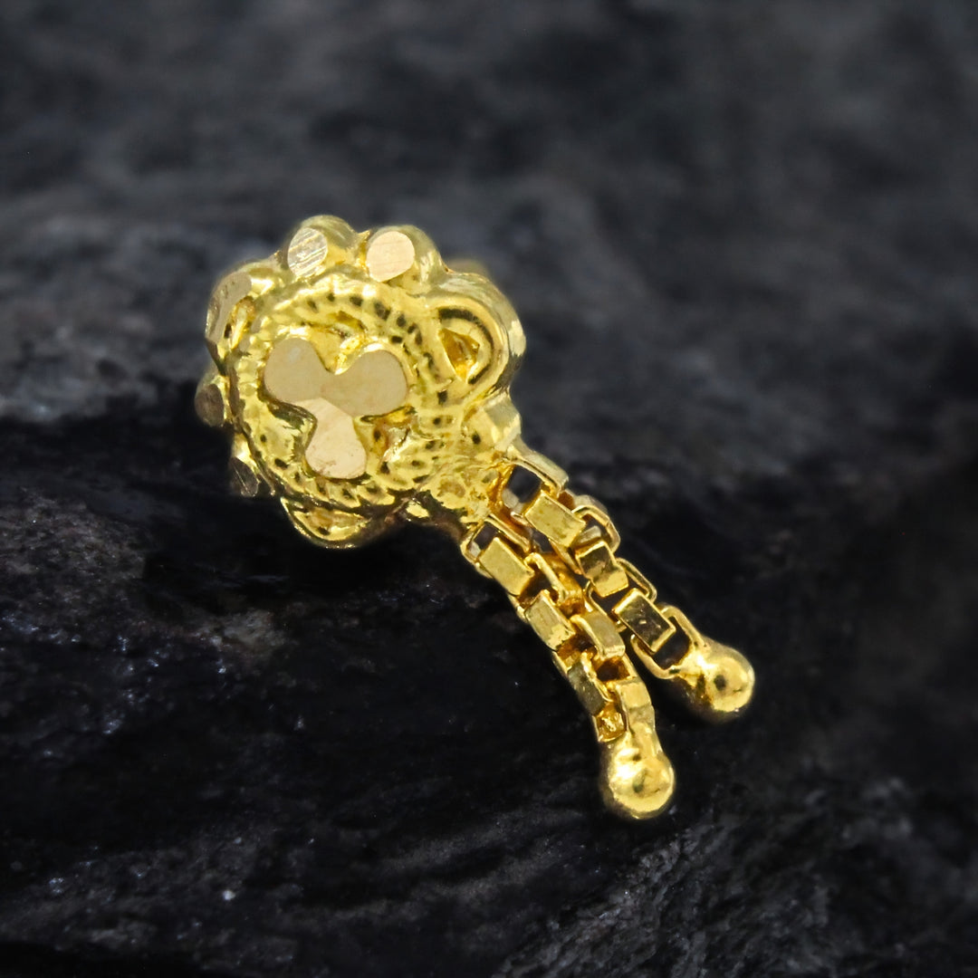 18K Real Gold Dangling Chain Drop Push Pin Nose Stud