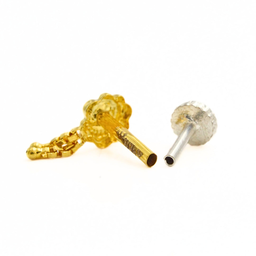 18K Real Gold Dangling Chain Drop Push Pin Nose Stud