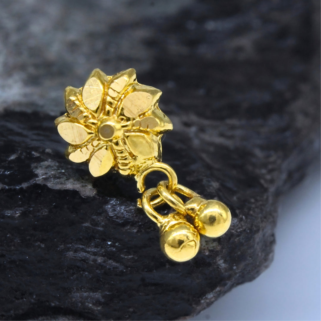 Traditional Indian Floral Dangle 18K Real Gold Push Pin Nose Stud