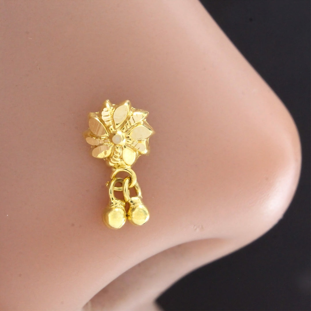 Traditional Indian Floral Dangle 18K Real Gold Push Pin Nose Stud