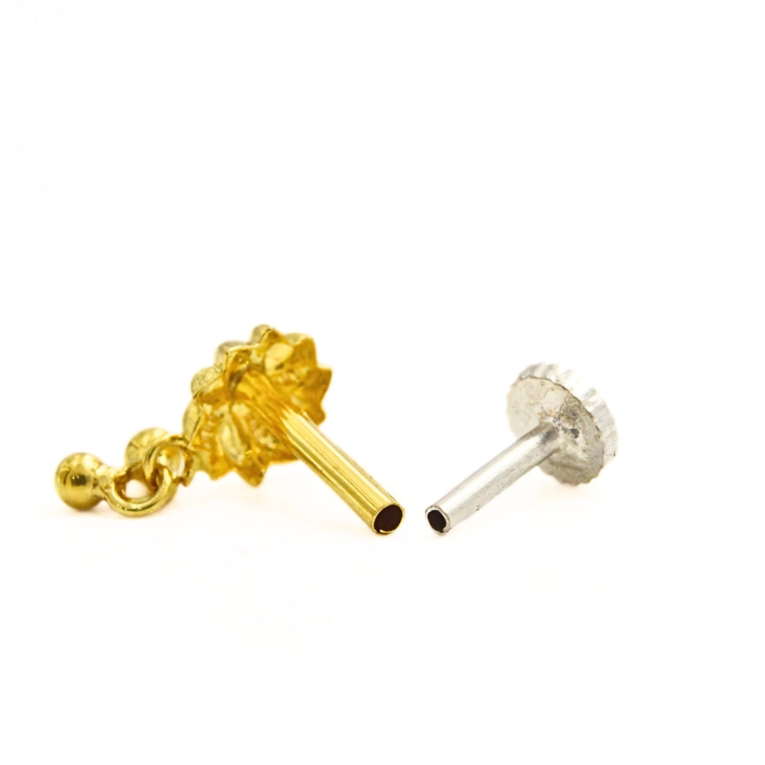 Traditional Indian Floral Dangle 18K Real Gold Push Pin Nose Stud