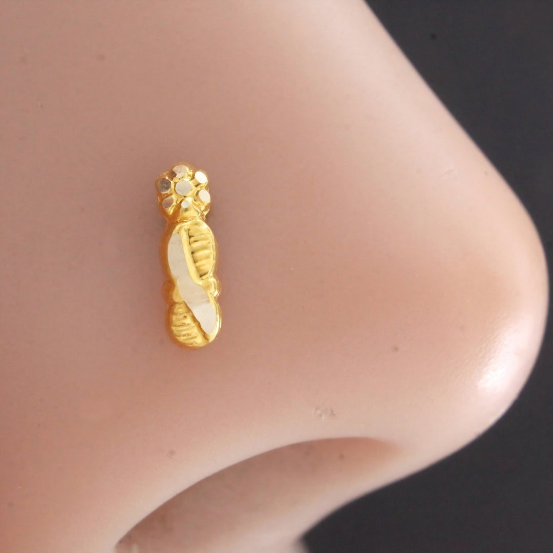 18K Real Gold Vertical Floral Cluster Top Push Pin Nose Stud