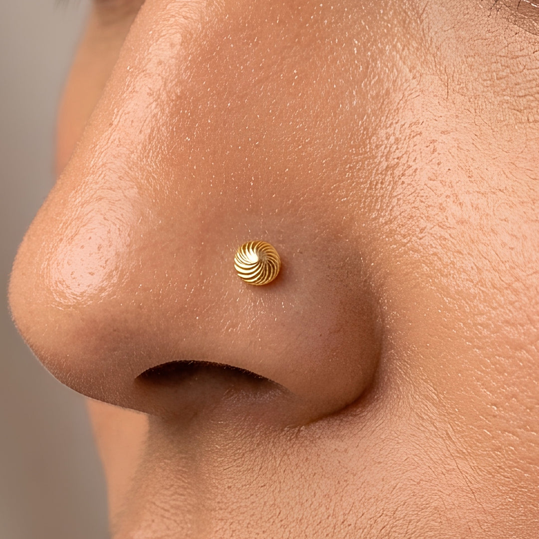 18K Real Gold women swirl dome Nose stud cum Earring Gold Screw Back
