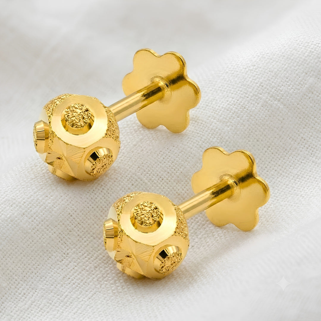 18K Real Gold Minimalist Textured Ball Nose Pin Cum Earring Gold Screw Back