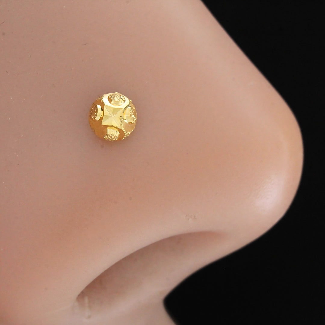 18K Real Gold Minimalist Textured Ball Nose Pin Cum Earring Gold Screw Back