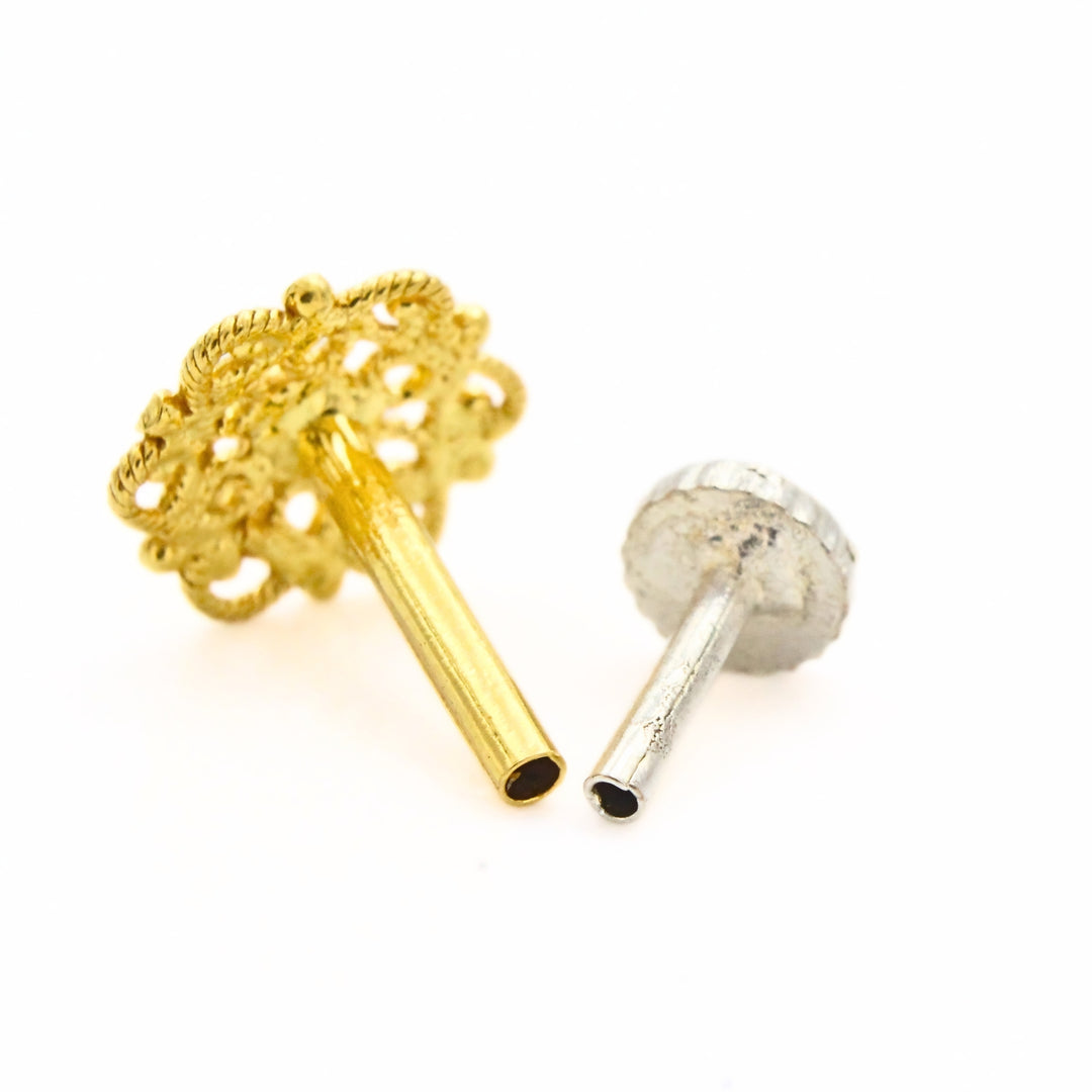 18K Real Gold Floral Filigree Push Pin Nose Stud