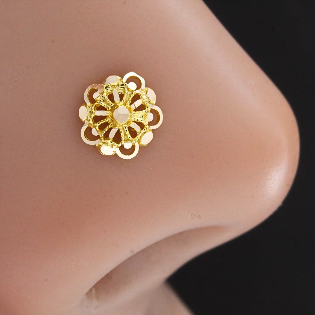 18K Real Gold Openwork Floral Filigree Push Pin Nose Stud