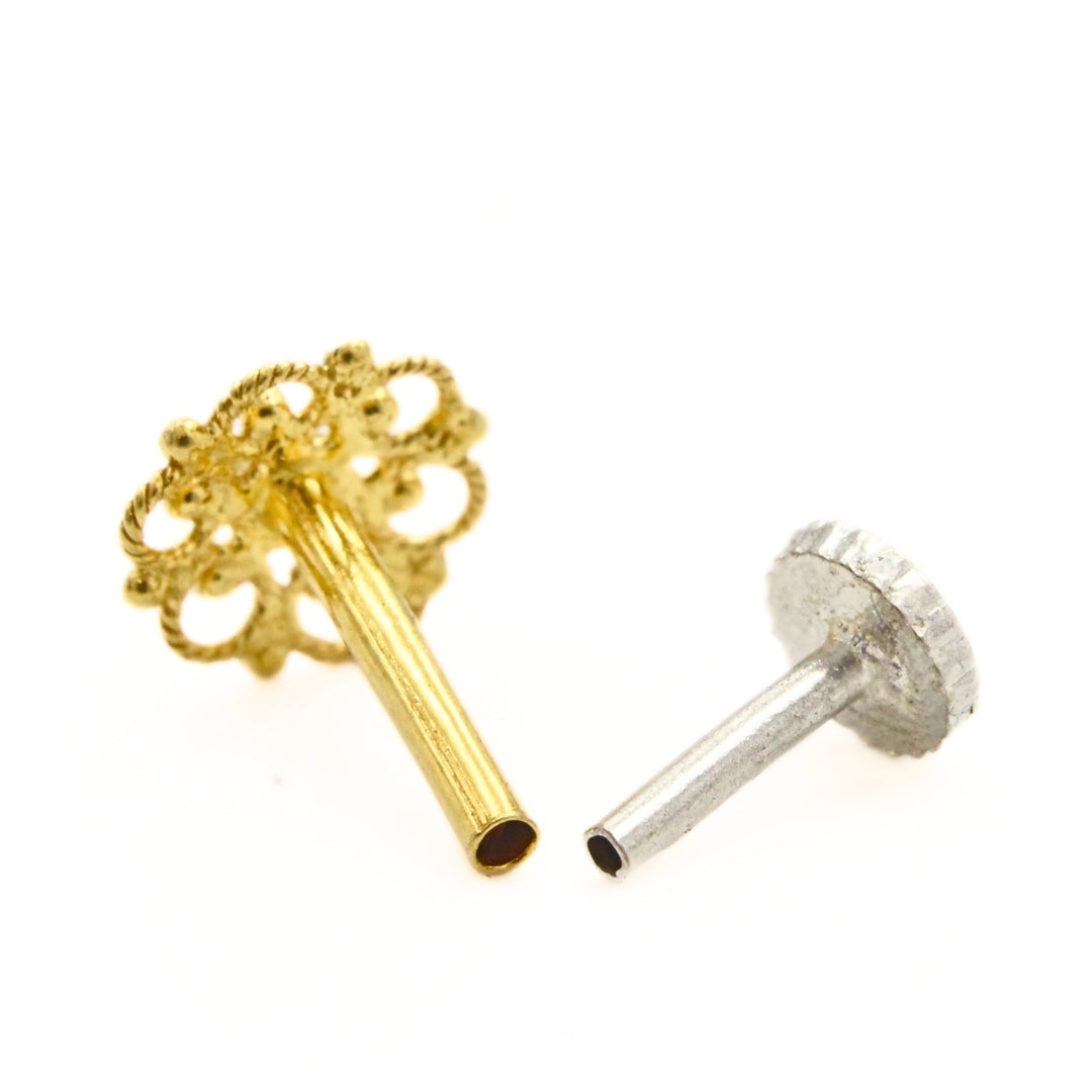 18K Real Gold Openwork Floral Filigree Push Pin Nose Stud