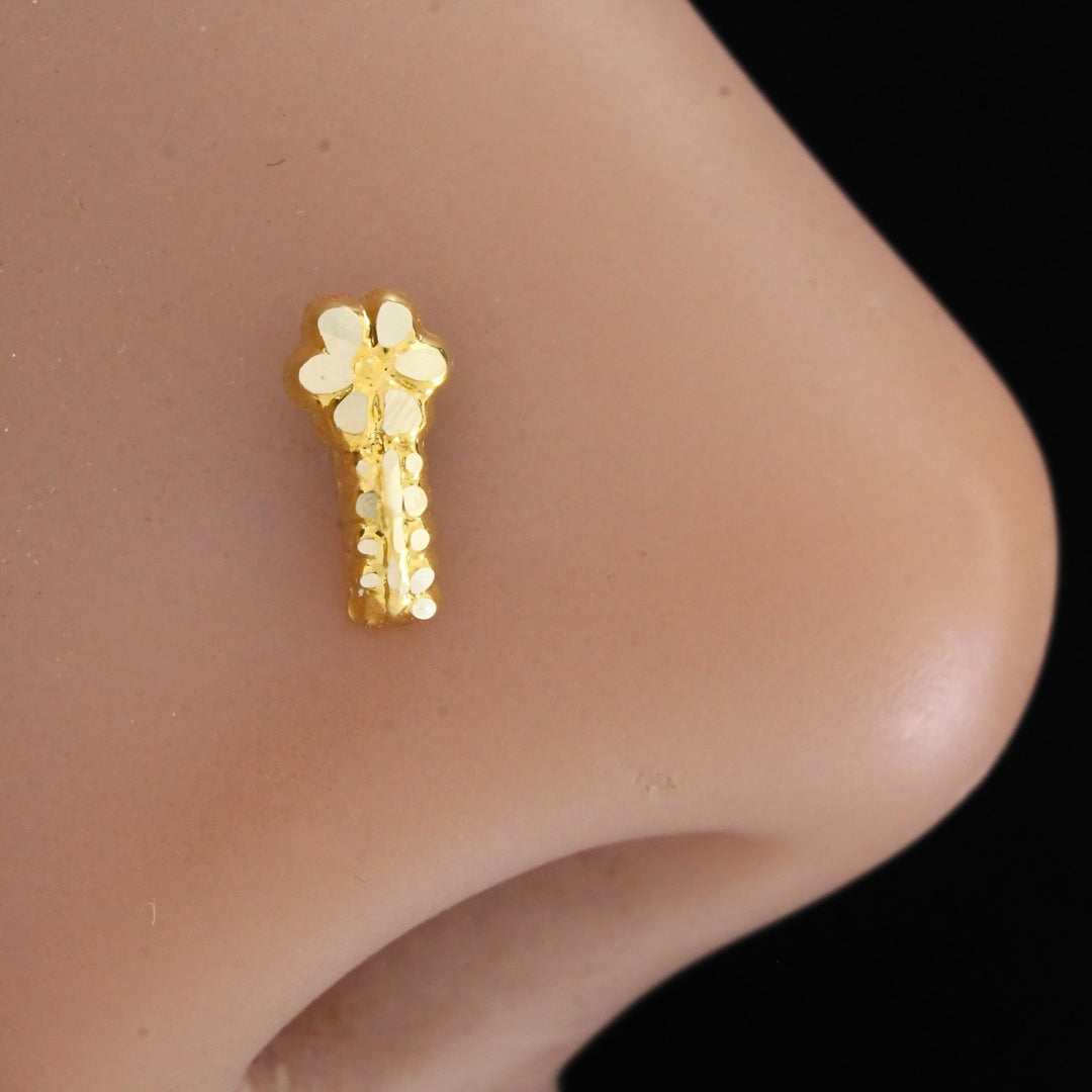 Indian-style Vertical Flower 18K Real Gold Push Pin Nose Stud