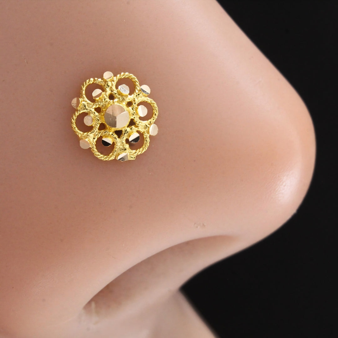 18K Real Gold Floral Threadless Push Pin Nose Stud