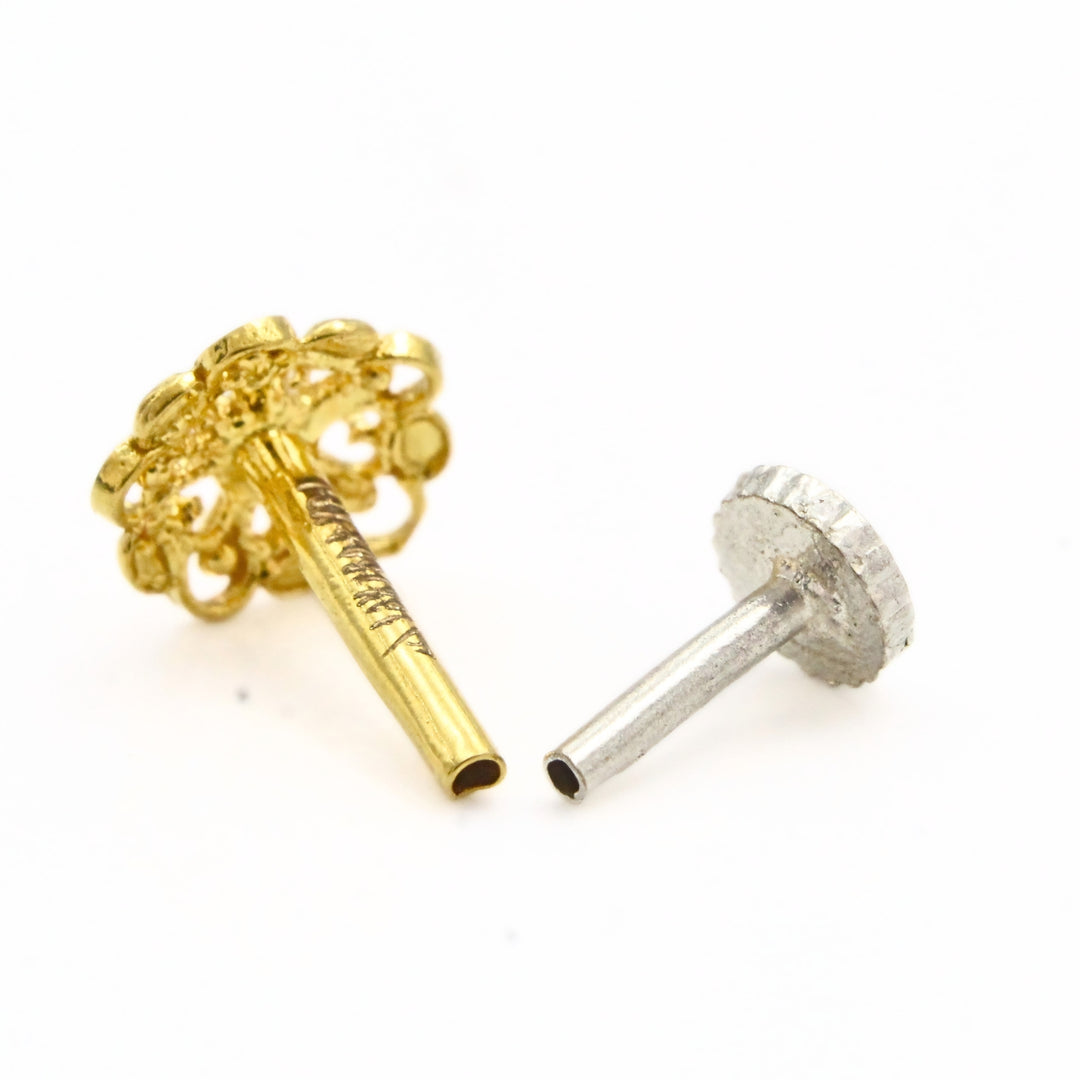 18K Real Gold Floral Threadless Push Pin Nose Stud