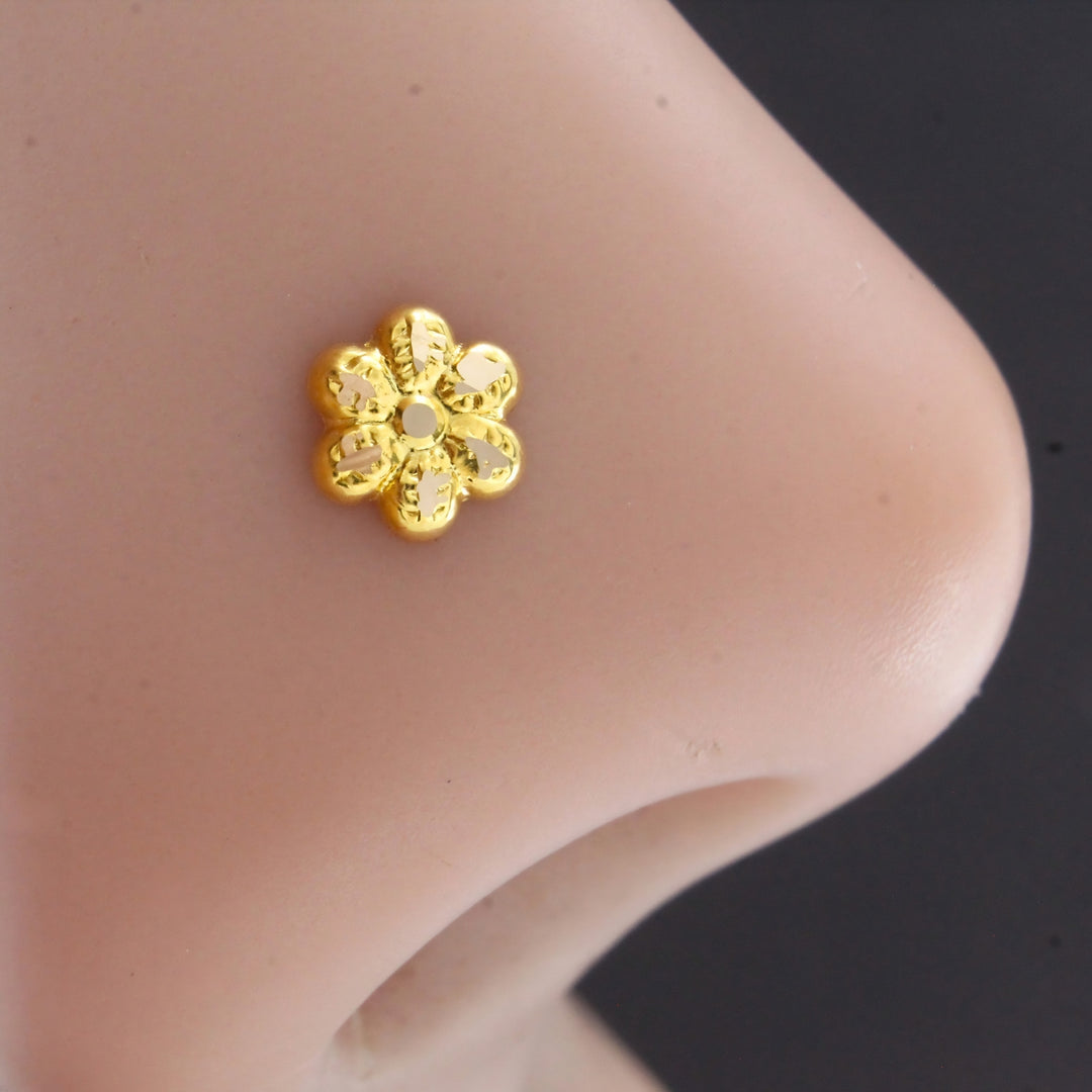 Daily Wear Small Floral 18K Real Gold Push Pin Nose Stud