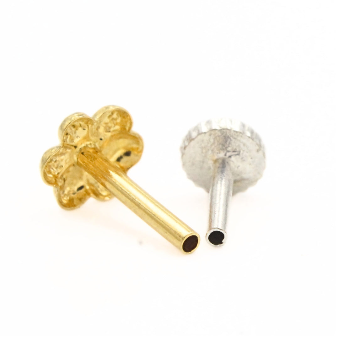 Daily Wear Small Floral 18K Real Gold Push Pin Nose Stud