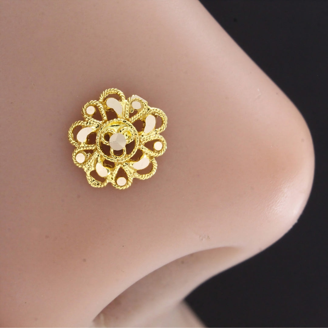 18K Real Gold Sunflower Pattern Push Pin Nose Stud