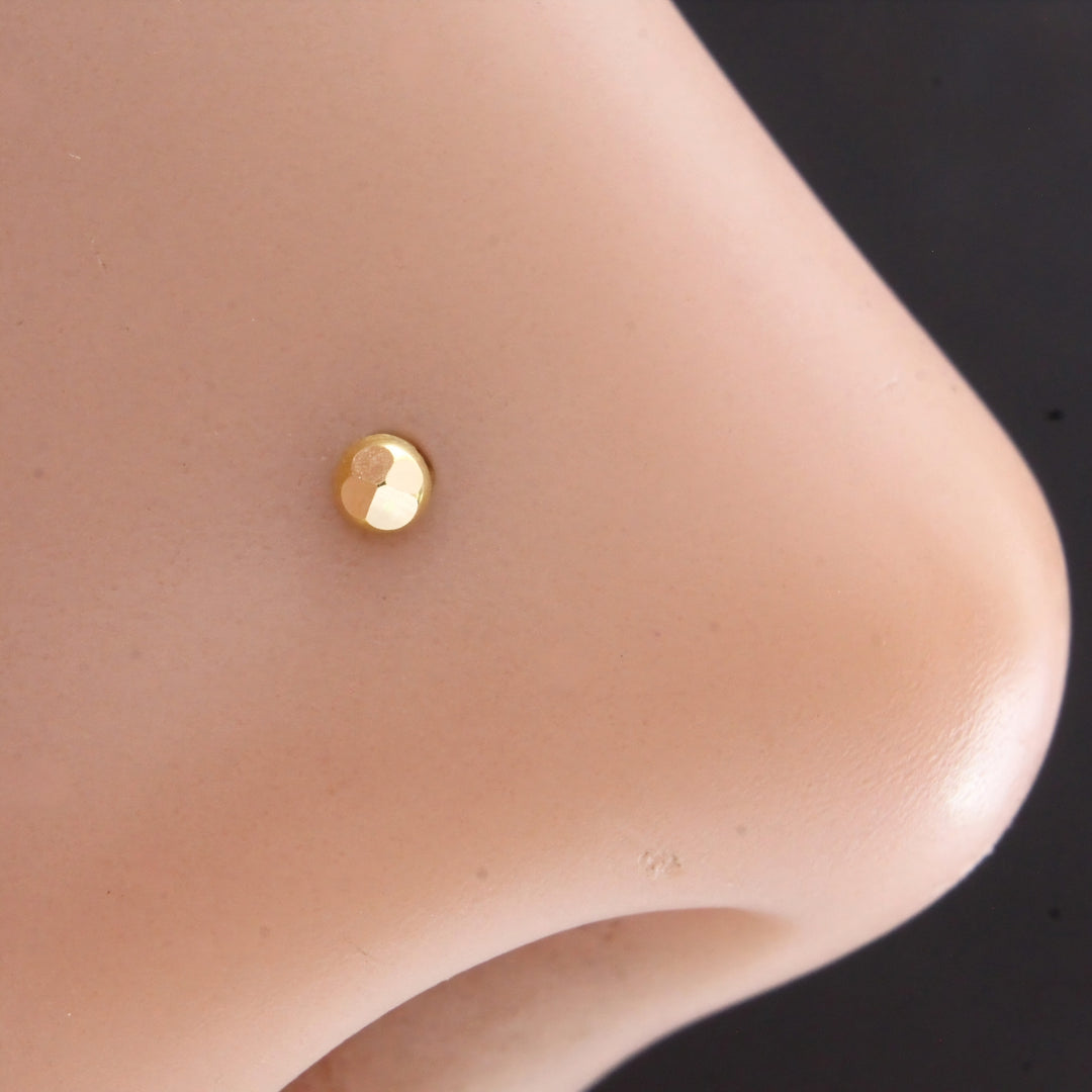 18K Real Gold Faceted Diamond-Cut Ball Push Pin Nose Stud