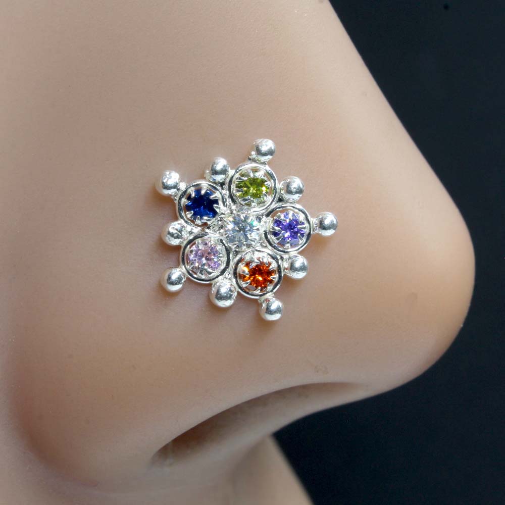 Ethnic Floral Real Sterling Silver Multi CZ Women Nose Stud Push Pin