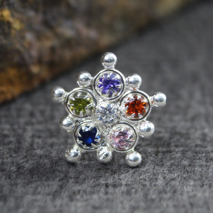 Ethnic Floral Real Sterling Silver Multi CZ Women Nose Stud Push Pin